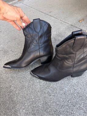 Aldo Black Western Pointed Ankle Booties with Silver Toe Detail
